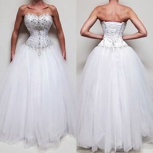 Joli Prom White Citrine Crystal Beaded Sweetheart Corset Lace-up Tulle Ball Gown